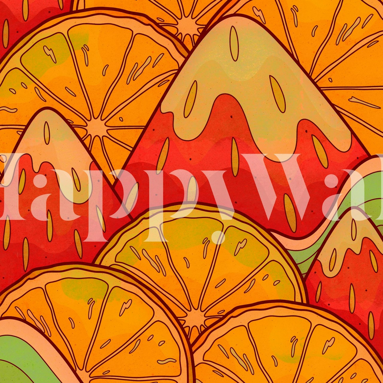 Vibrant orange and strawberry fruit pattern wallpaper