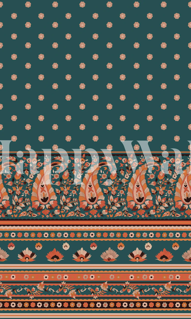 Teal and coral paisley floral pattern wallpaper