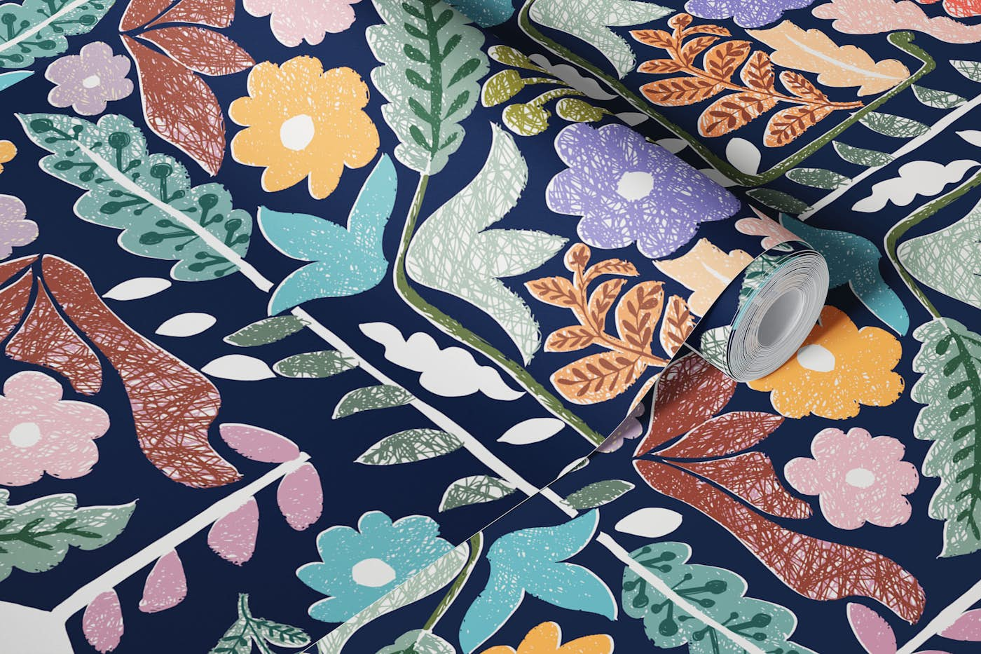 Block print geometric meadow darl blue wallpaper roll