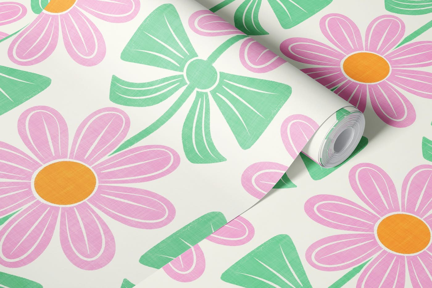 Preppy Geo Floral with Bows Pink Green Orange wallpaper roll