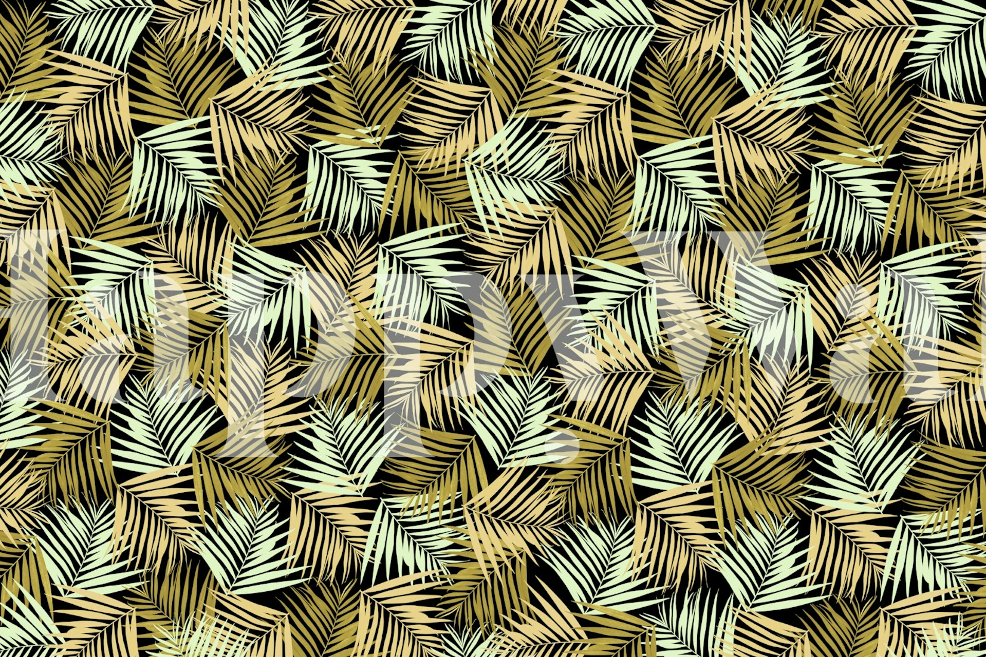 Tropical palm leaves in green and gold on black wallpaper