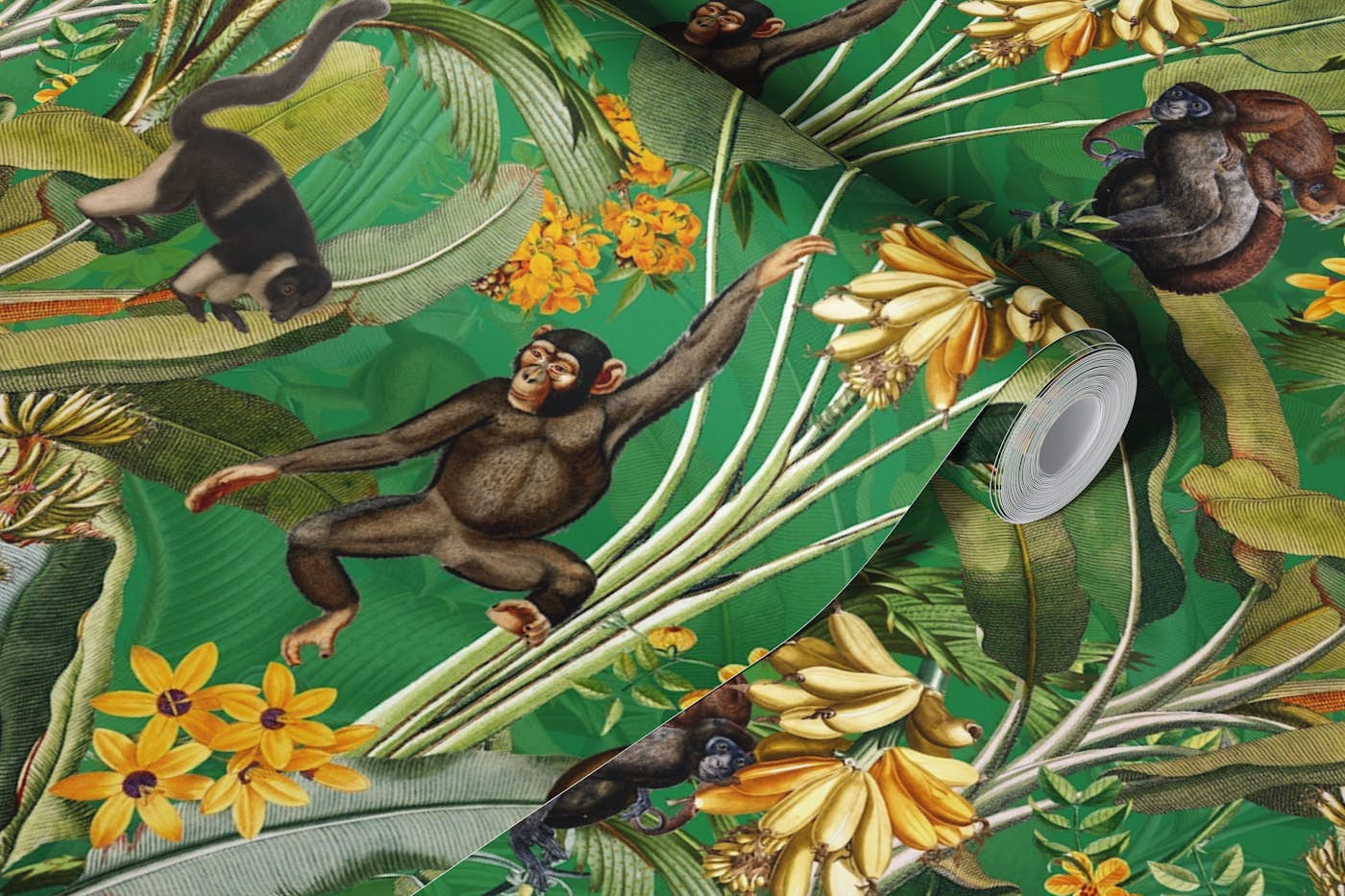 Monkeys In Green Vintage Midnight Jungle wallpaper roll