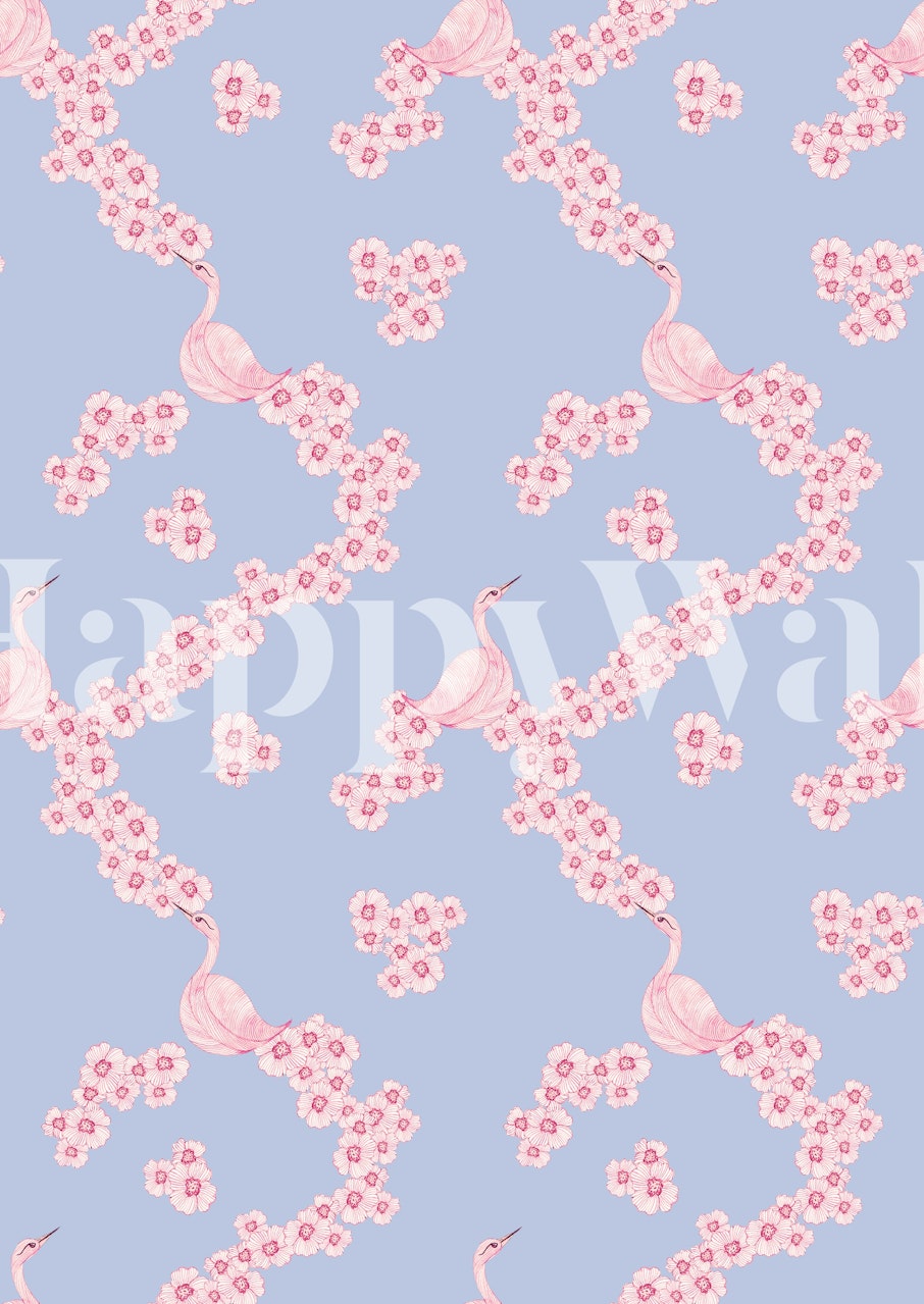 Pink swans intertwined with flowers on a light blue background wallpaper