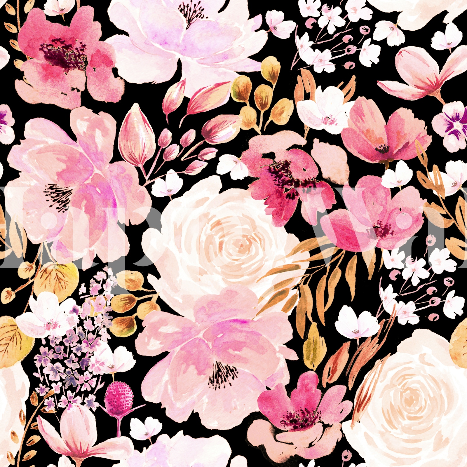 Black Floral Wallpaper with Pink Flowers