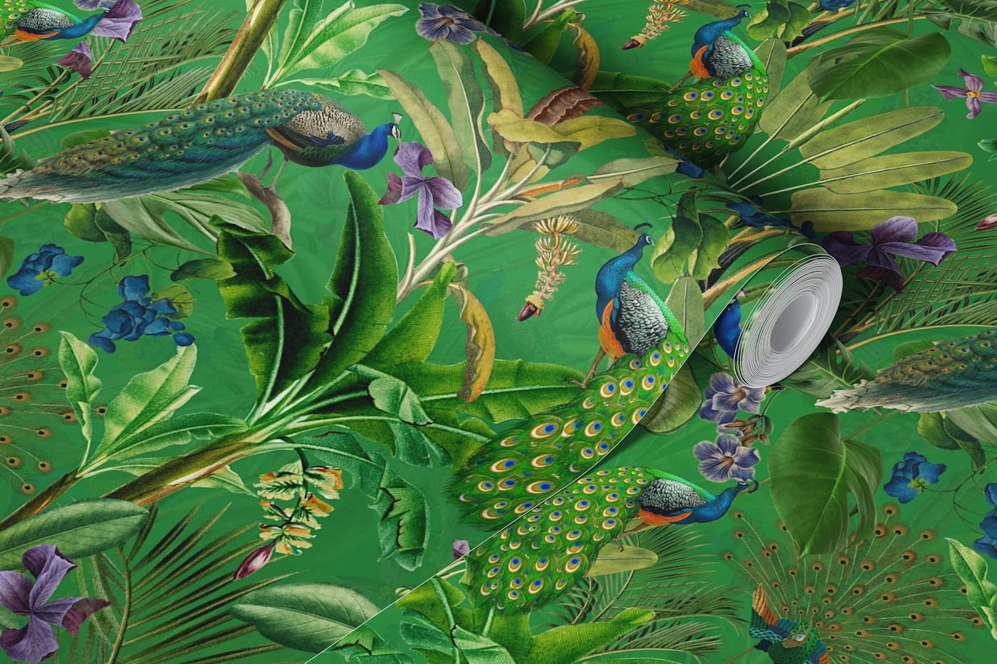 Vintage Peacock Tropical Rainforest - Green wallpaper roll