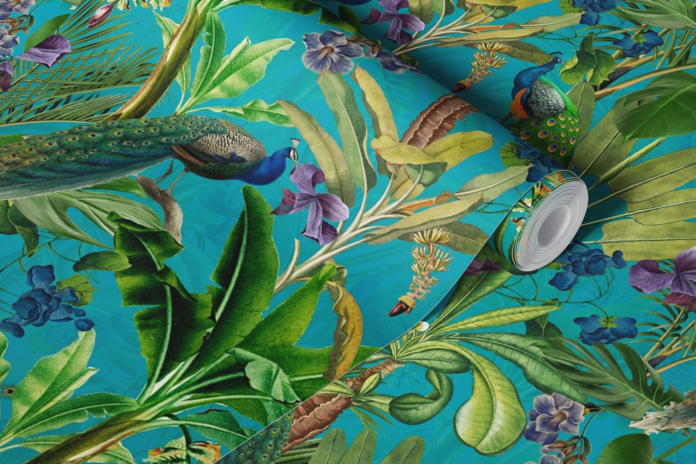 Vintage Peacock Tropical Rainforest Turquoise wallpaper roll