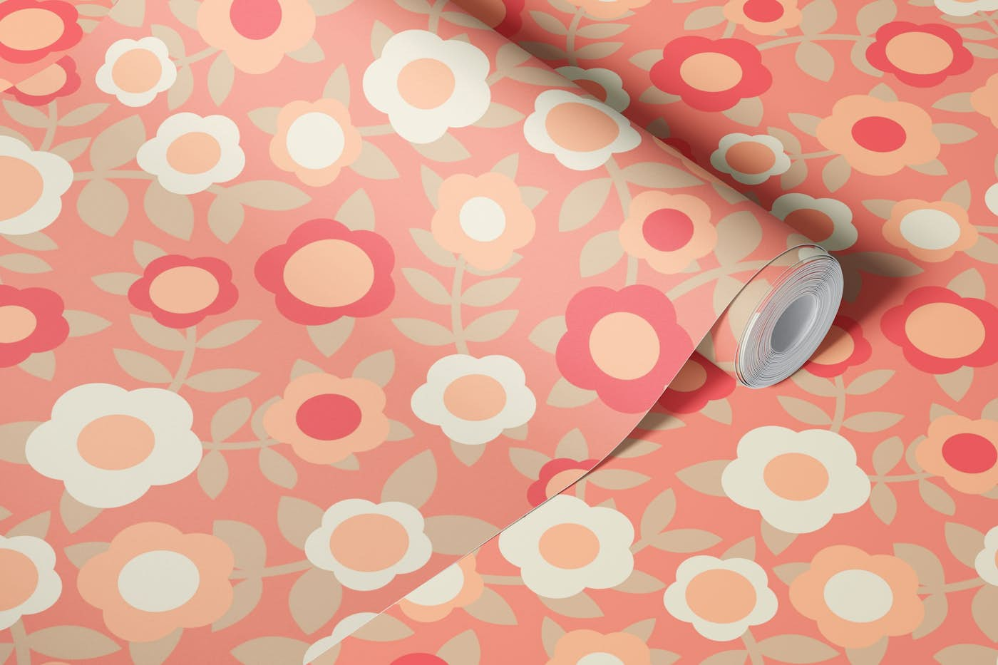 Modern Retro Scandinavian Flowers, Peach Pink wallpaper roll