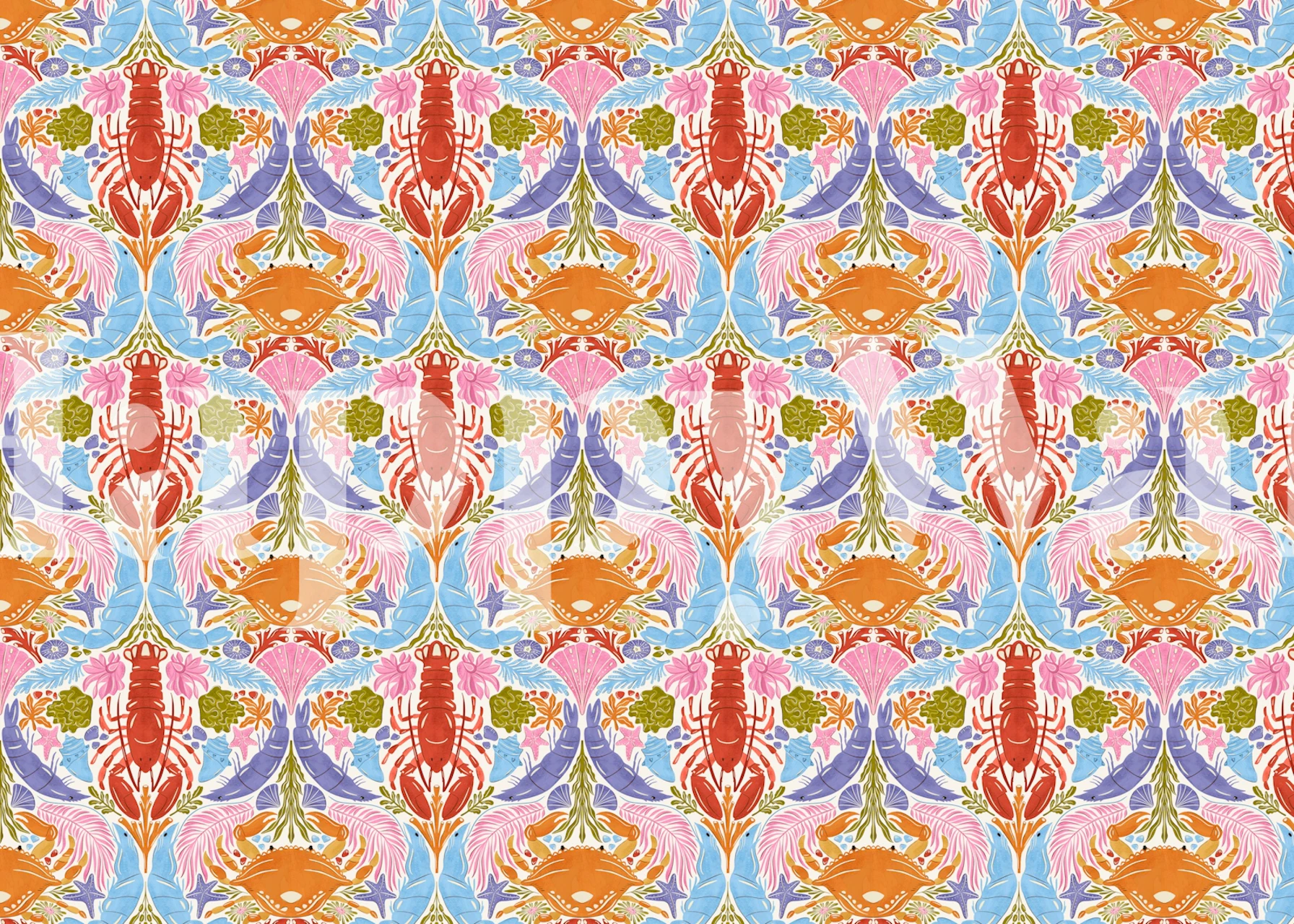 Colorful crustacean patterns in red, orange, pink, and blue wallpaper