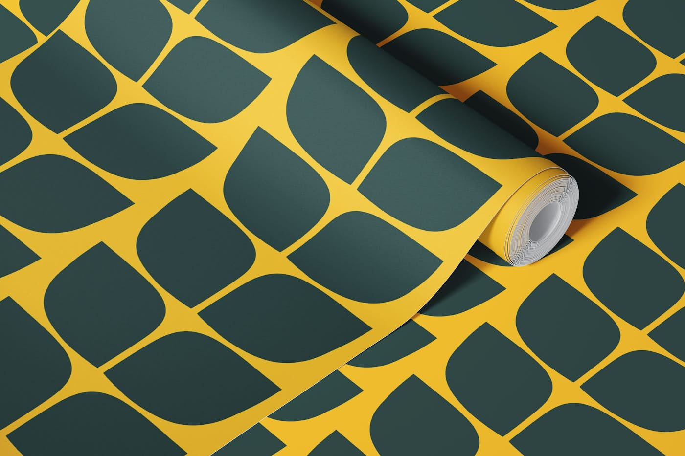 Mod Art Rows of Modern Green Leaves on Yellow wallpaper roll