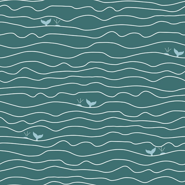 Wavy Ocean Lines and Whales - Teal Blue White