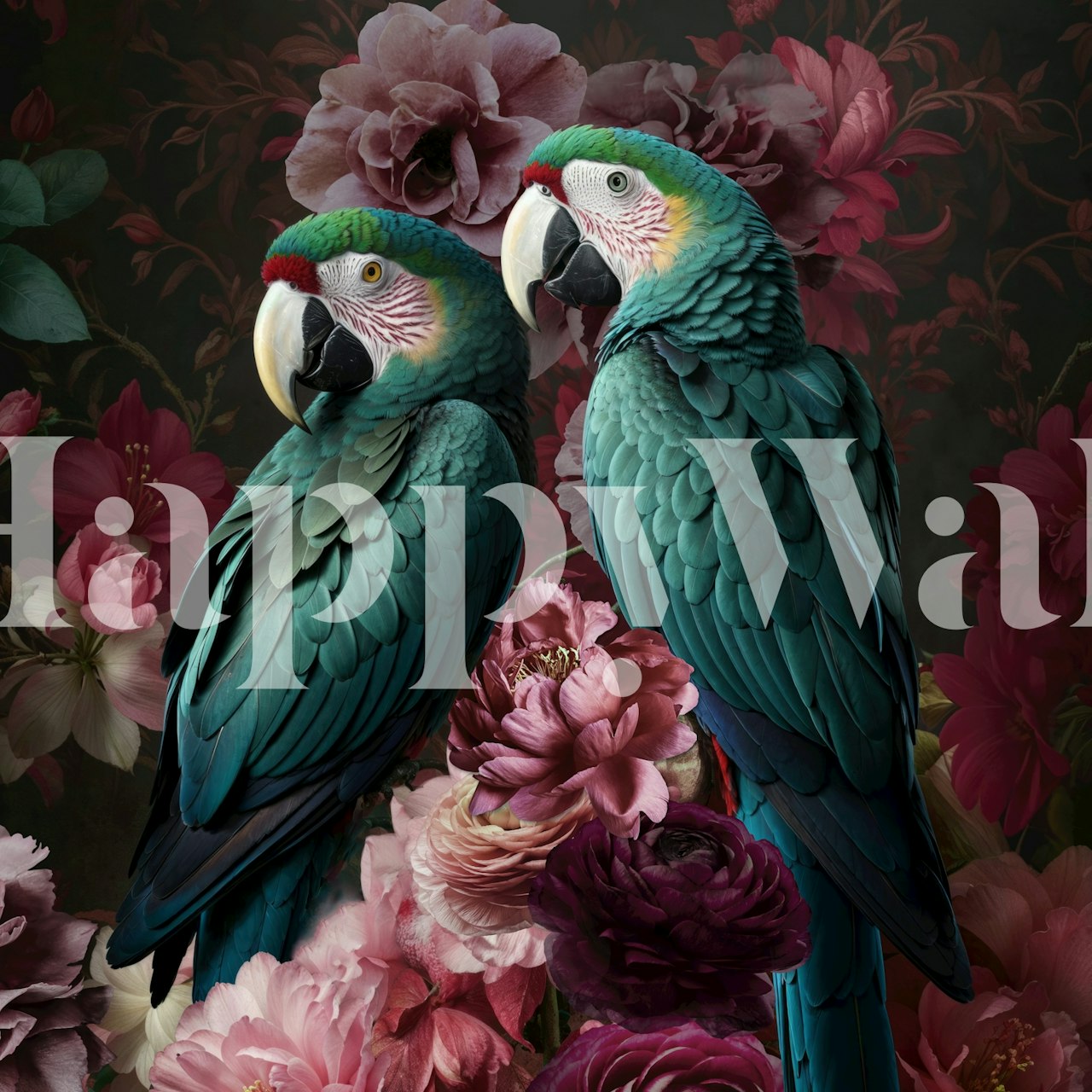 Tropical parrot design with vibrant pink and teal flowers wallpaper