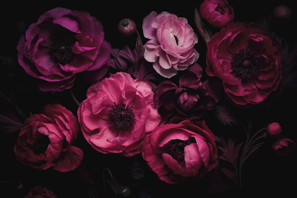 Moody Dark Pink Peony And Ranunculus