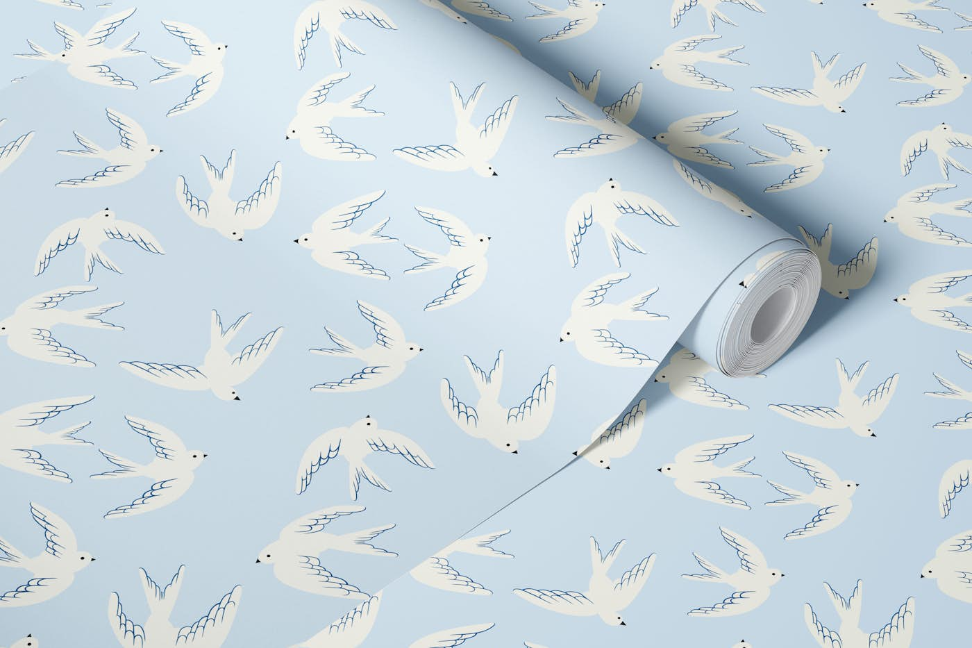 Flying Birds - White Doves, Blue wallpaper roll