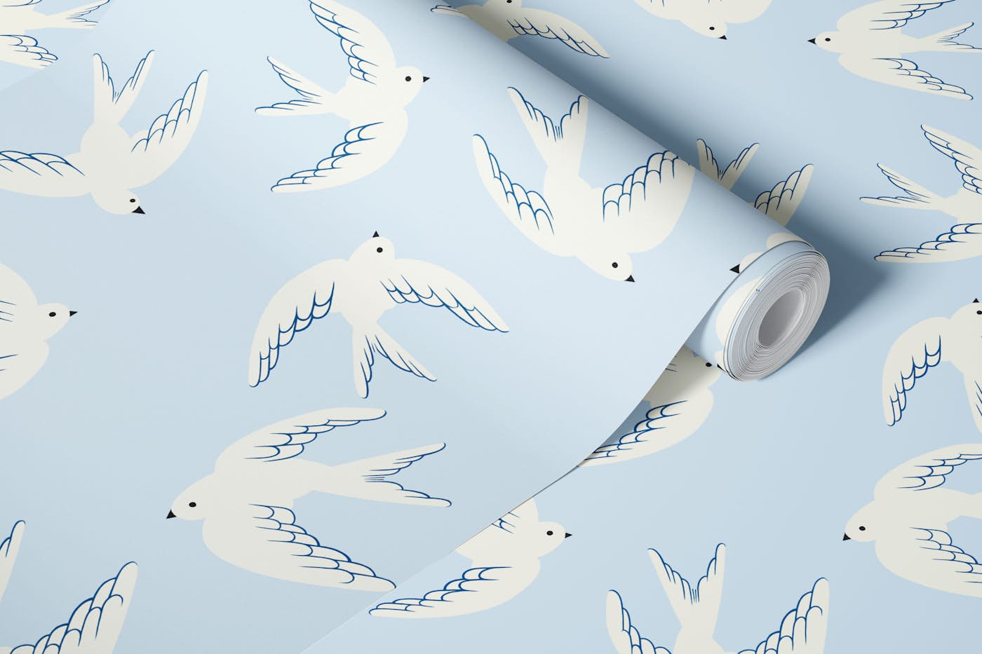 Flying Birds, White Doves on Light Blue wallpaper roll