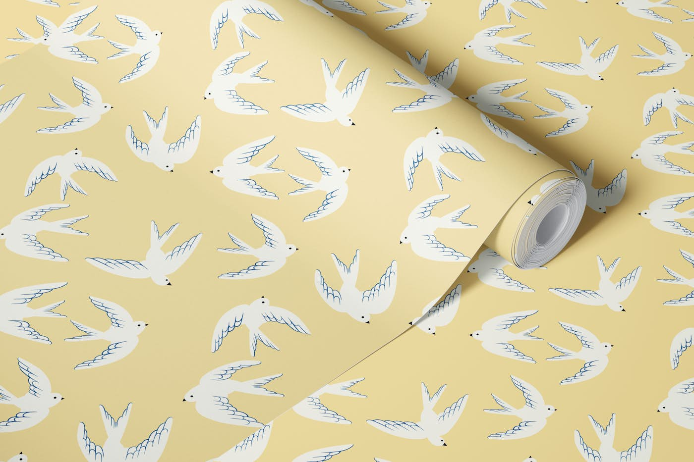 Flying Birds, White Doves on Dusty Yellow wallpaper roll