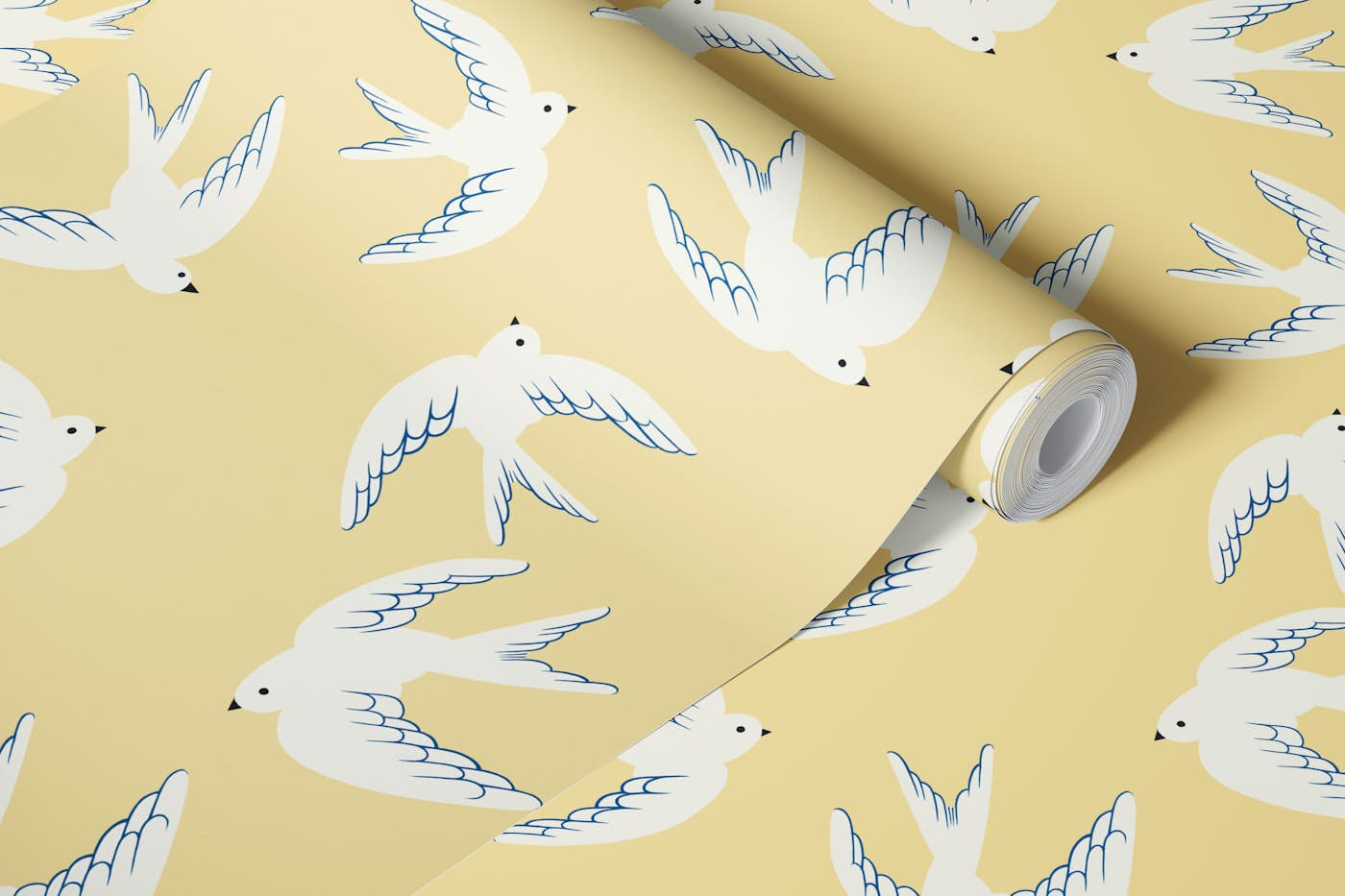 Flying Birds, White Doves on Yellow wallpaper roll