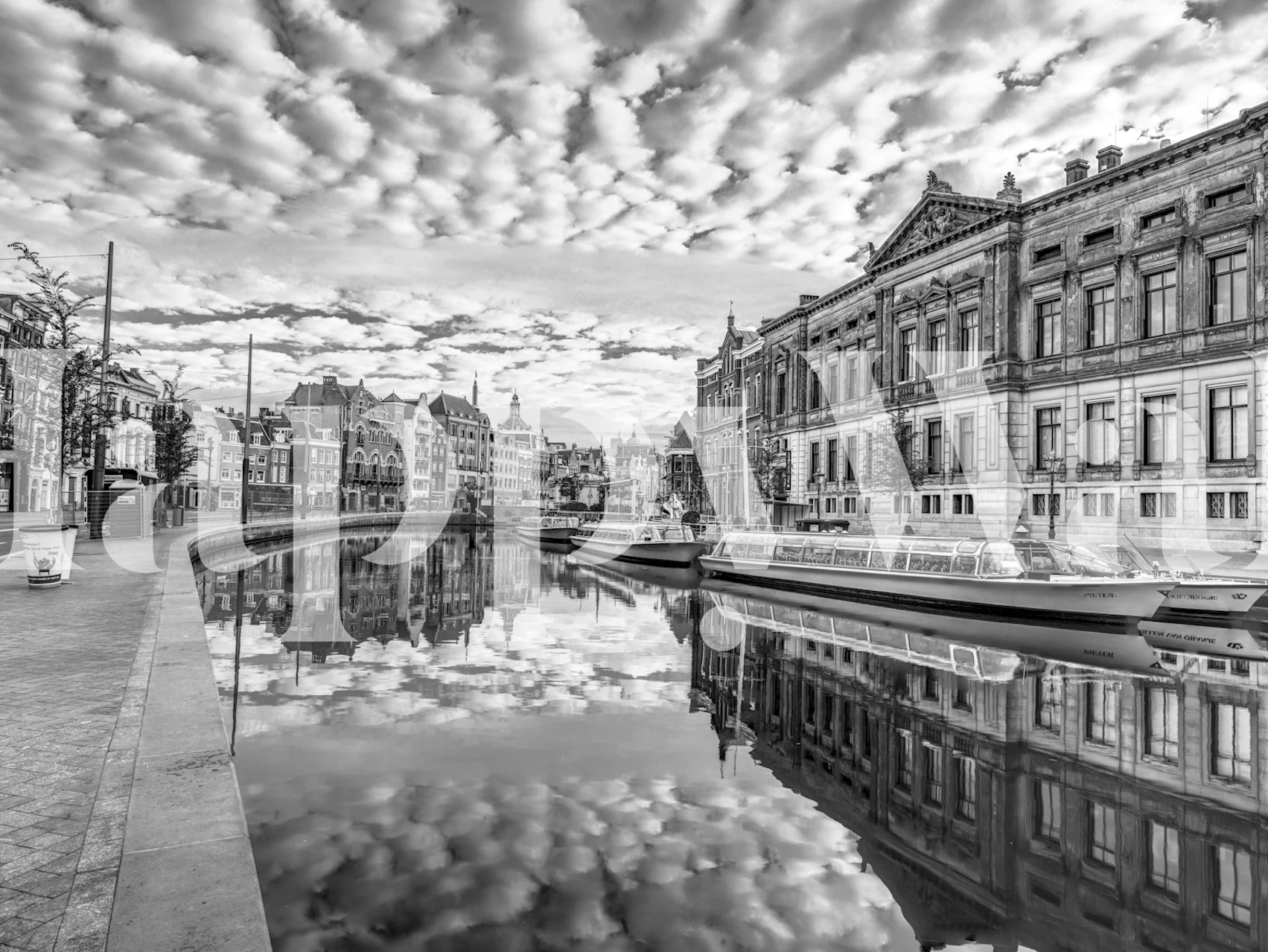 Amsterdam canal with reflections, black and white wallpaper