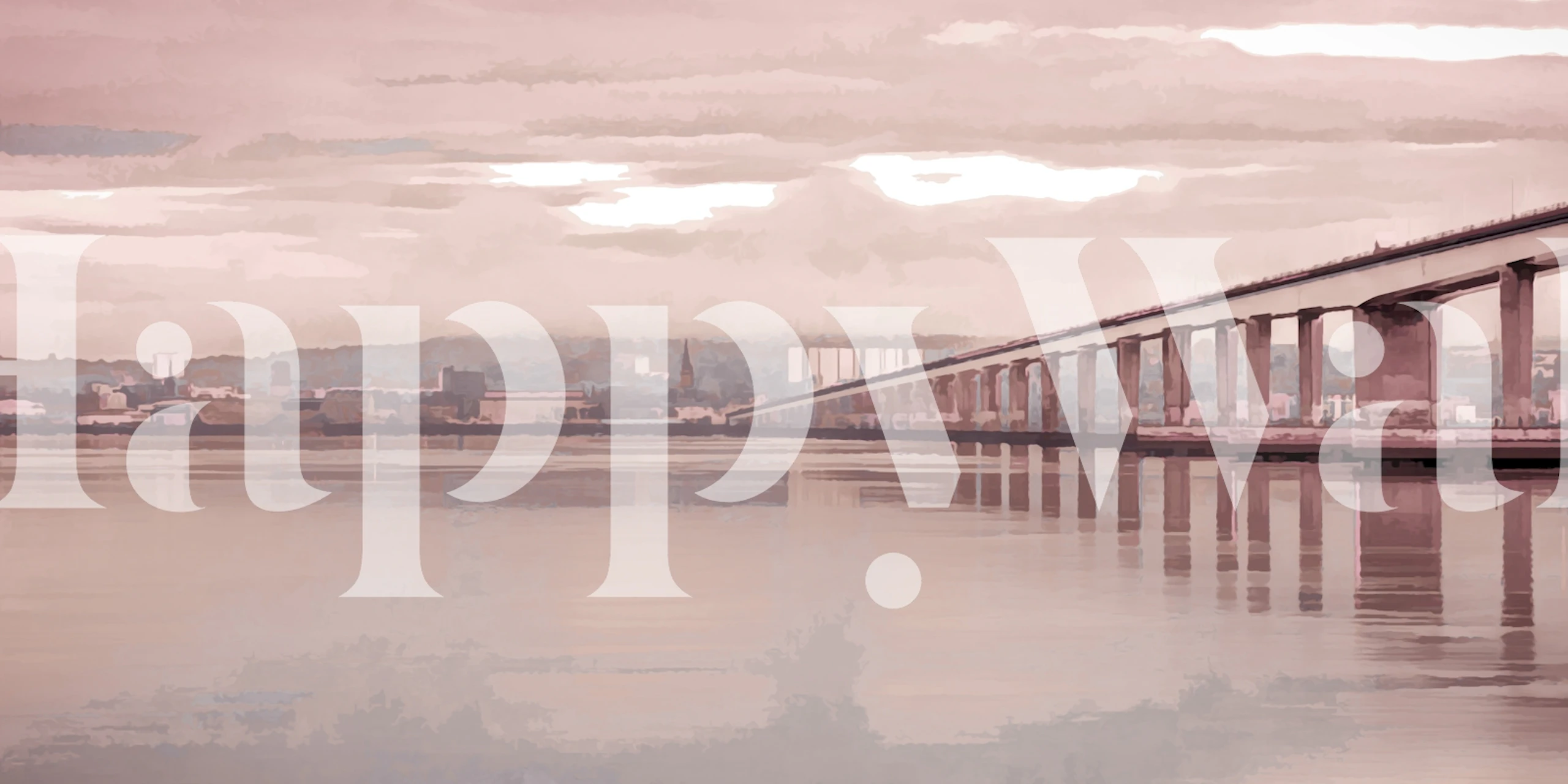 Abstract depiction of a bridge over water in pink tones wallpaper