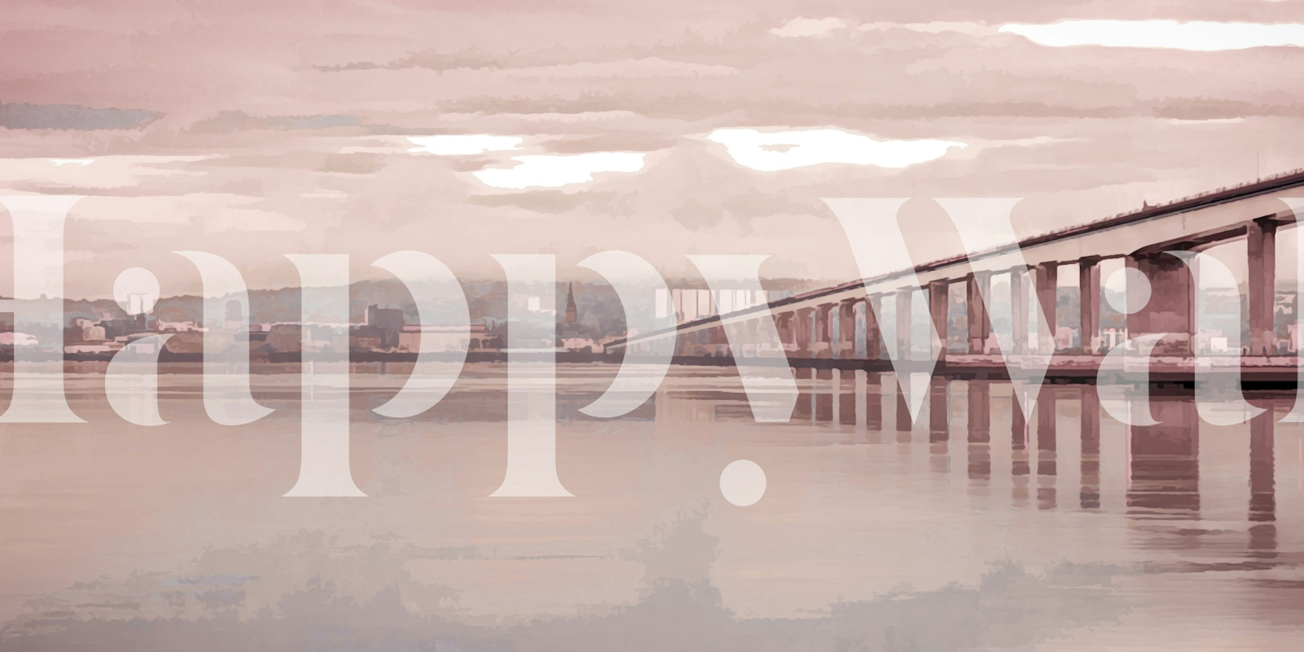 Abstract depiction of a bridge over water in pink tones wallpaper
