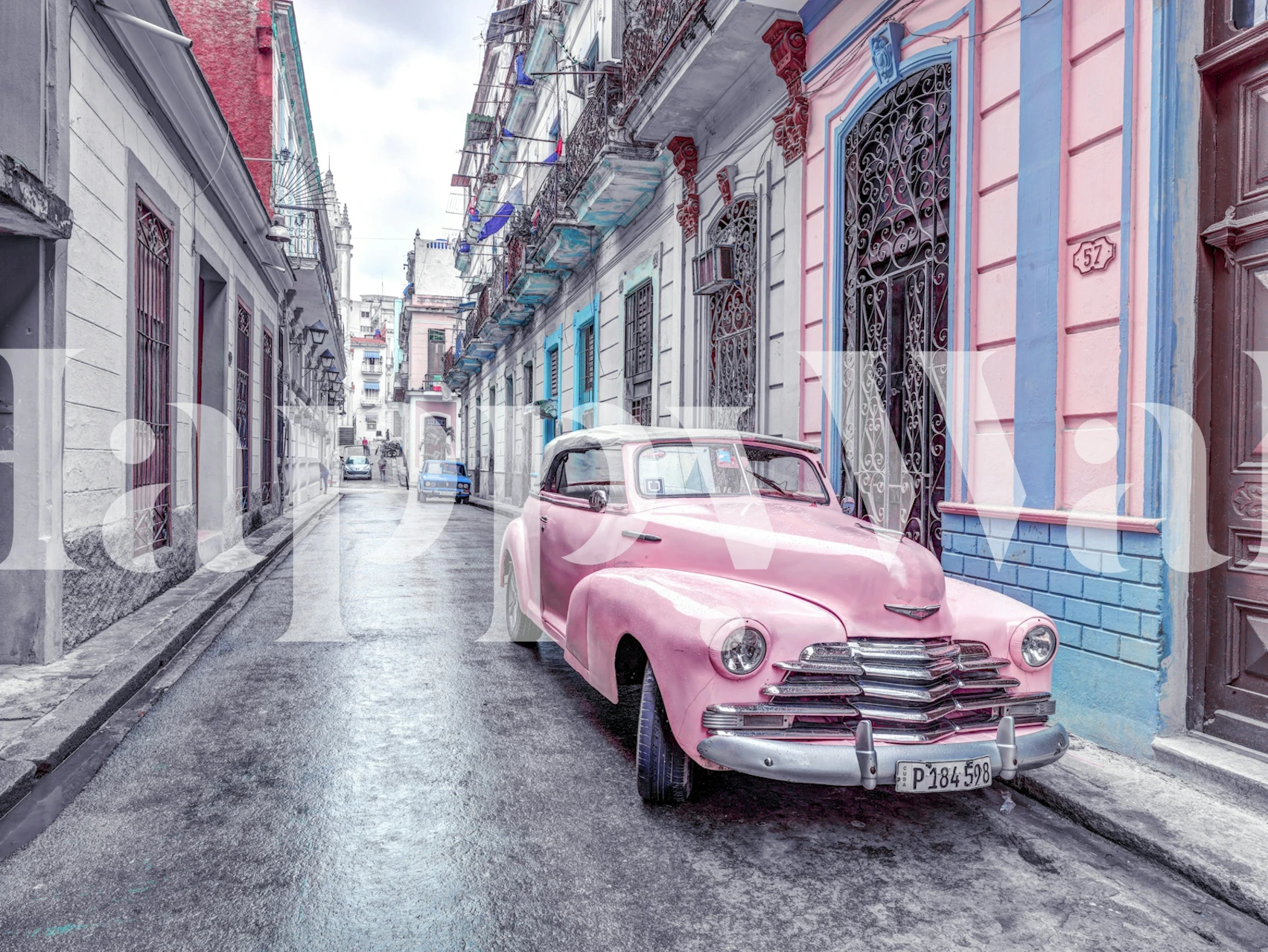 Vintage pink car on an old street in Havana wall mural