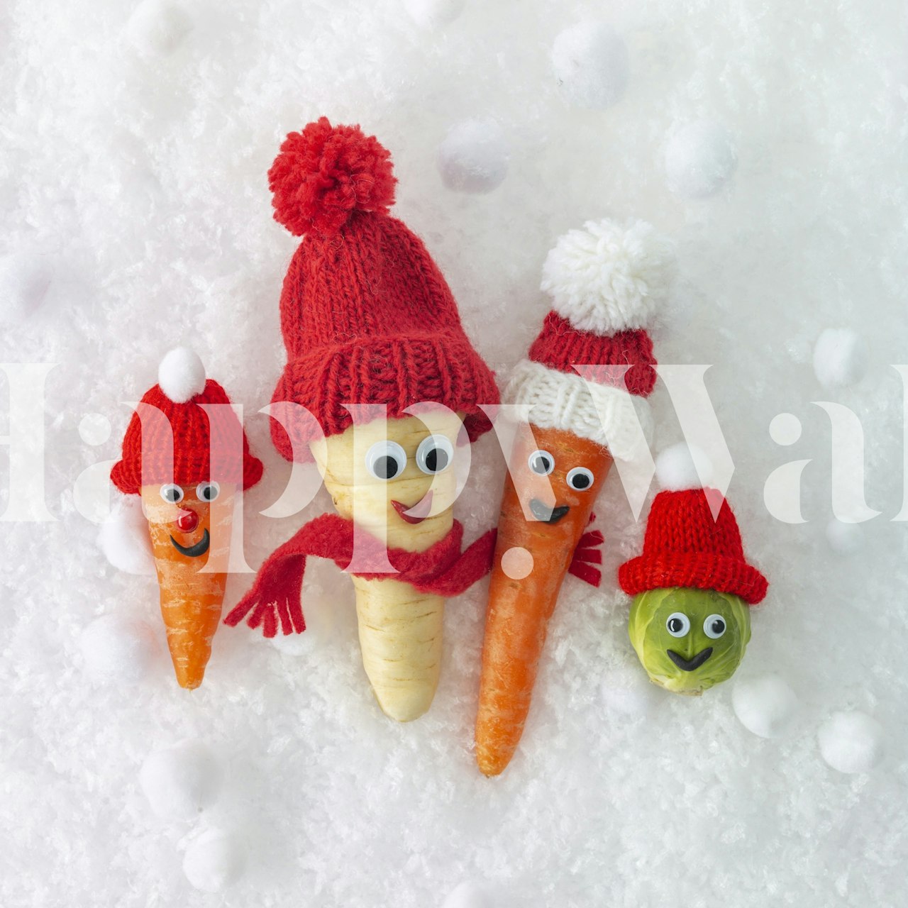 Cartoon vegetables wearing hats on white background wallpaper