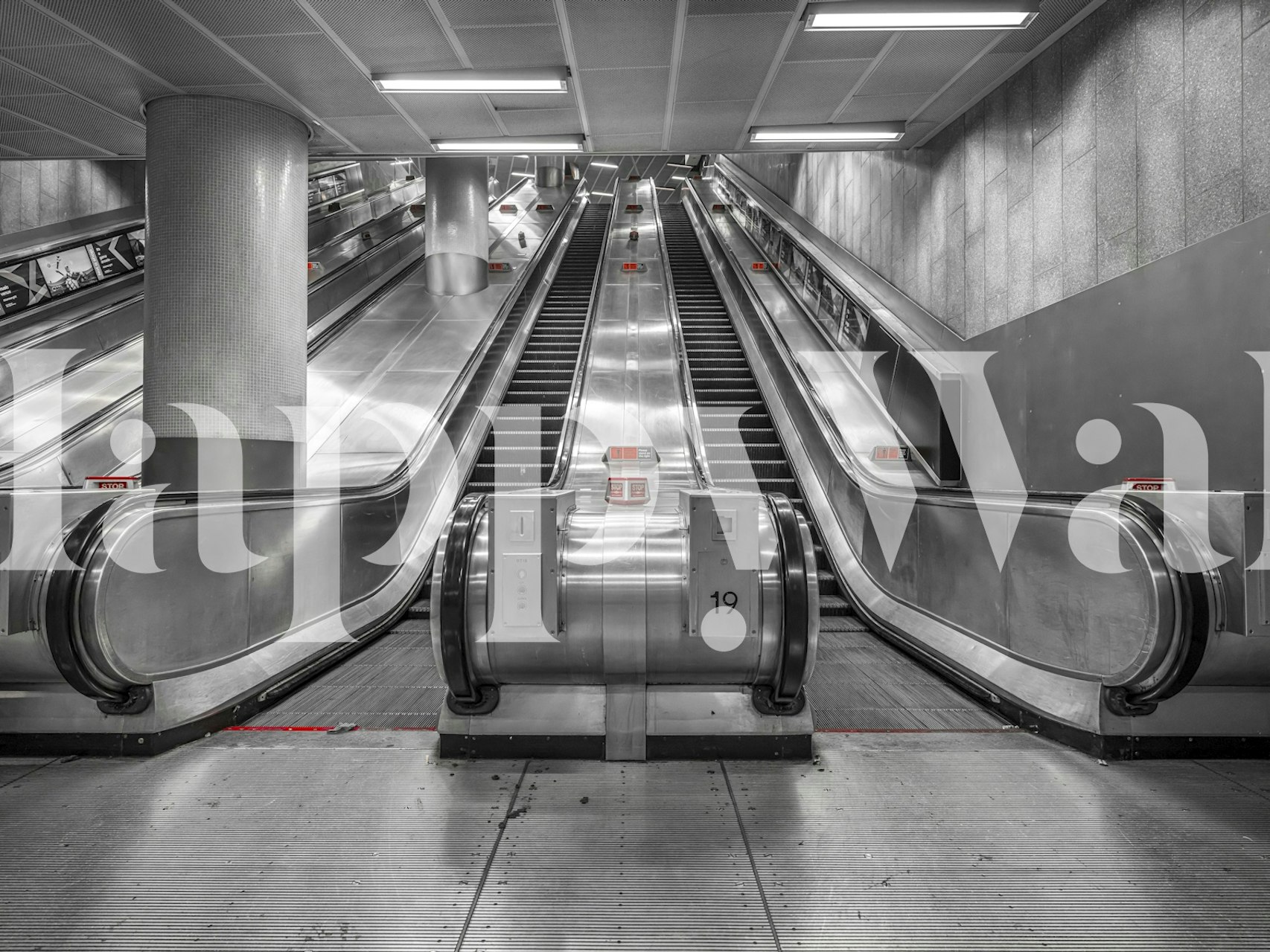 Urban escalators wallpaper in a modern interior