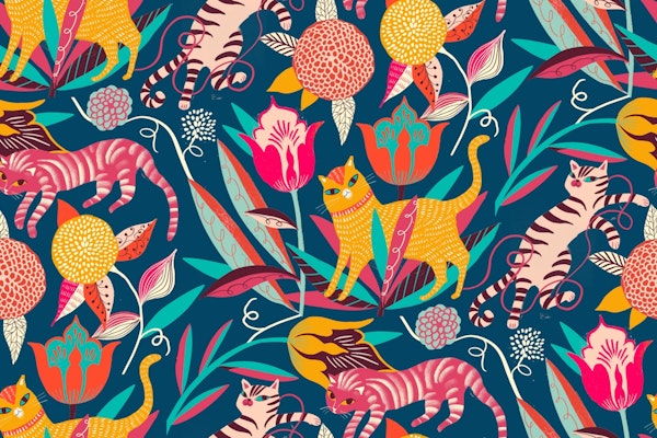 folk art cats and tulips