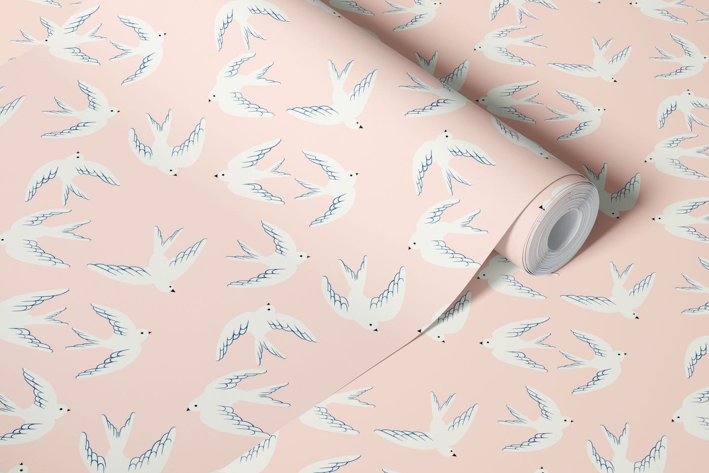 Flying Birds, White Doves on Blush Pink wallpaper roll