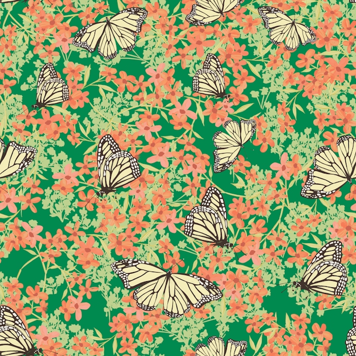 Green Floral Monarch Butterfly Wallpaper