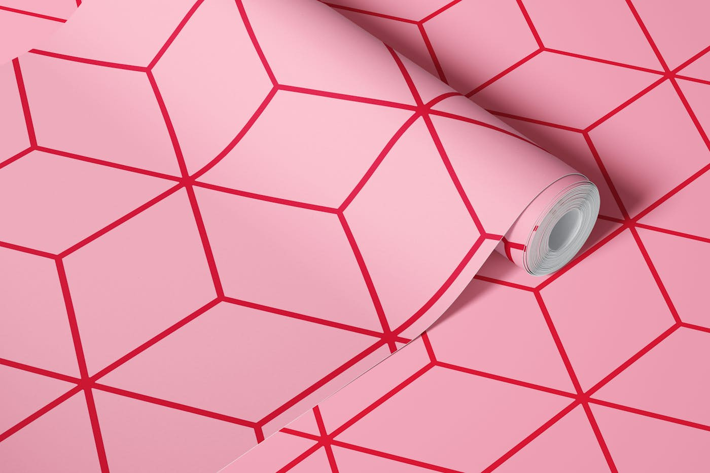 Simple Hexagon Cubes - Pink and Crimson Red wallpaper roll