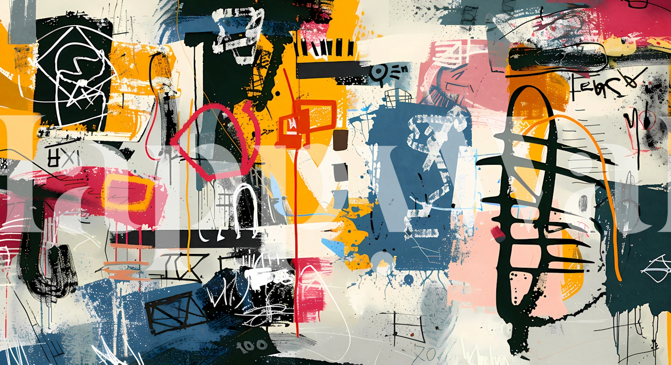 Colorful abstract graffiti wallpaper featuring bold shapes and lines in vibrant colors.