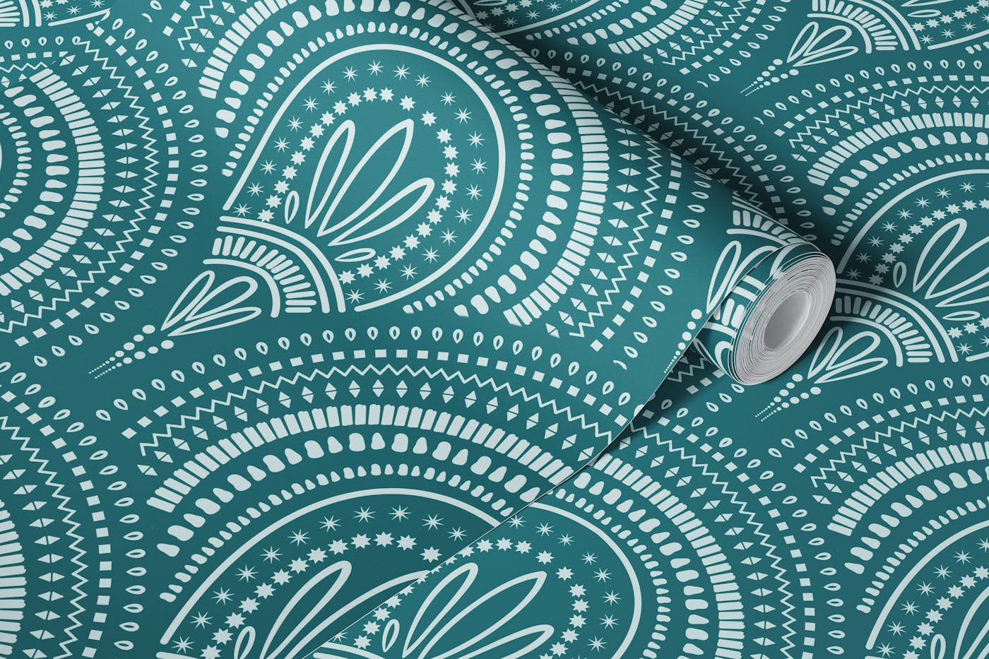 Ornamental scallop print - teal wallpaper roll