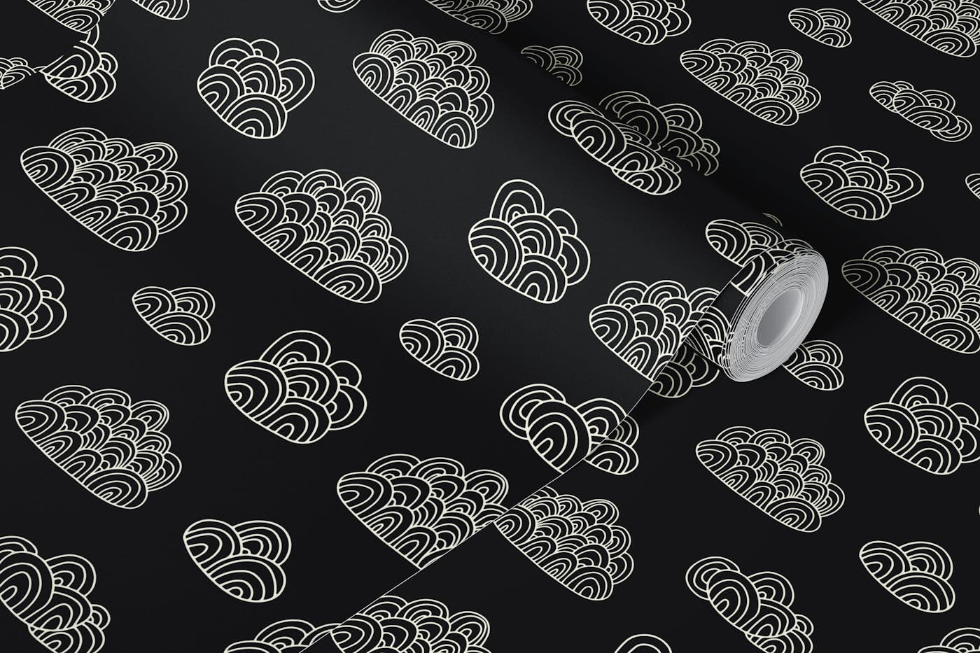 Fluffy Doodle Line Art Clouds White on Black wallpaper roll