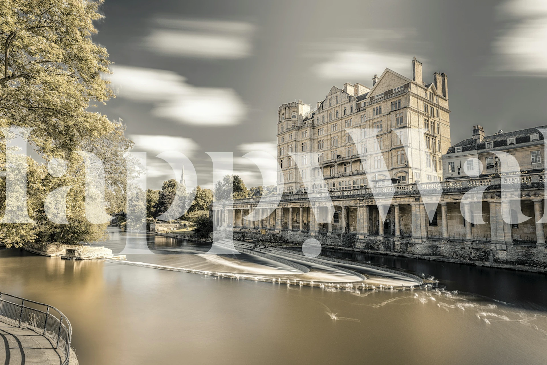 Black and white river scene with historic buildings wallpaper
