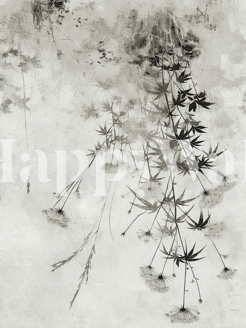 Black and white floral design with leaves and flowers wallpaper