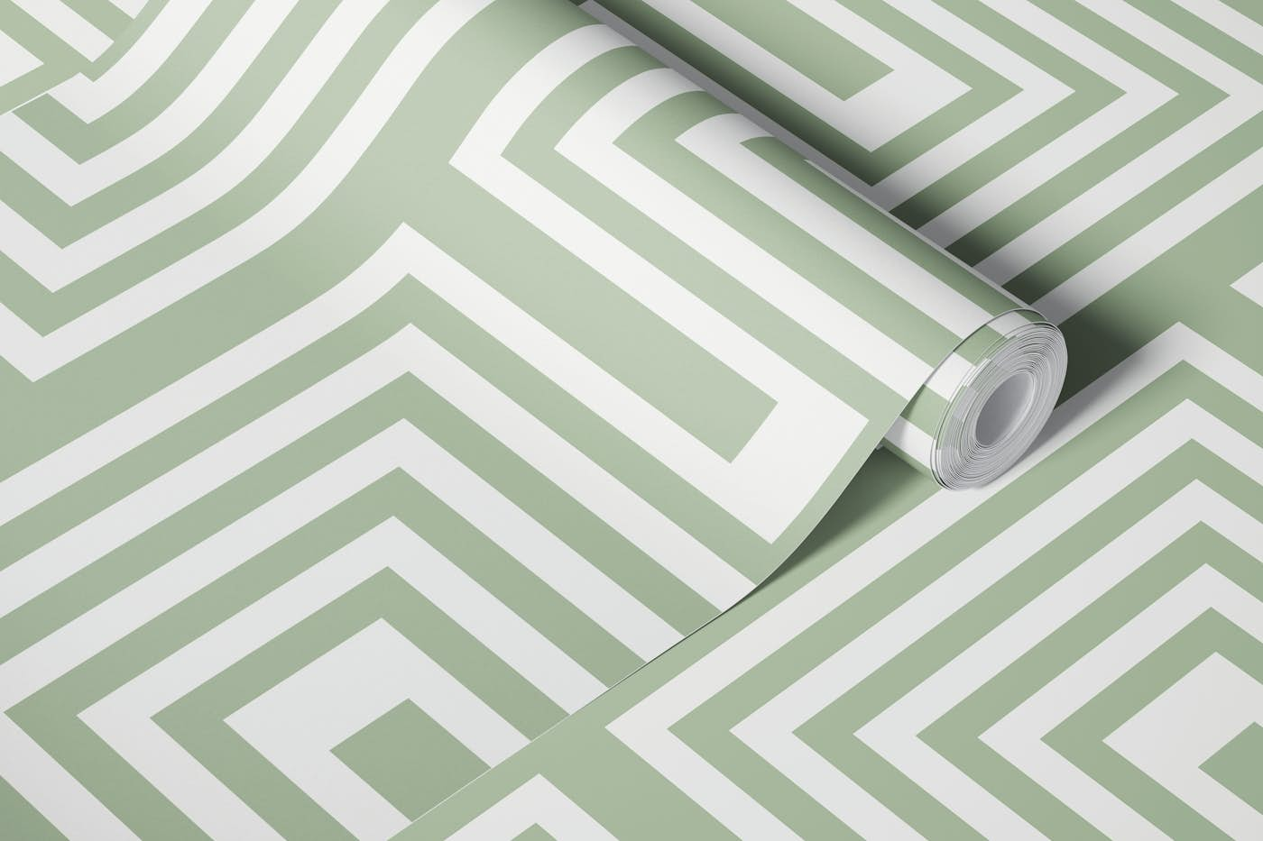 Geometric Wave Stripes - White and Sage Green wallpaper roll