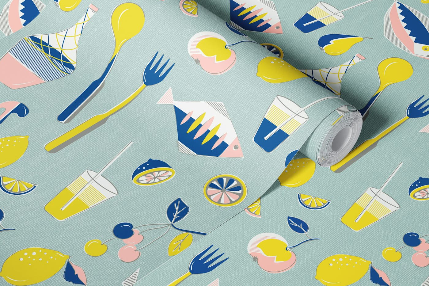 Mid century picnic lime blue wallpaper roll