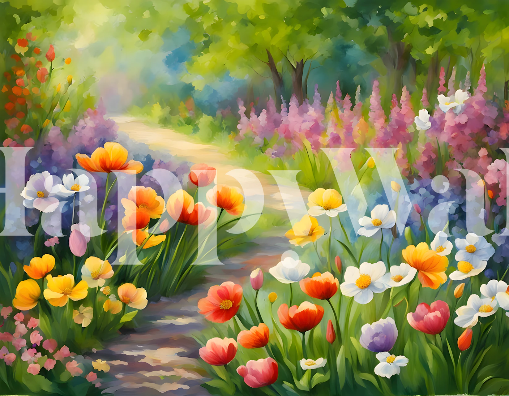 Vibrant colorful flowers in a garden, green foliage wallpaper