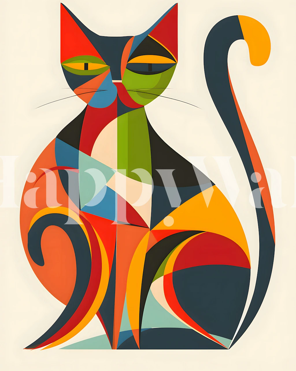 Colorful abstract geometric cat wallpaper in a room