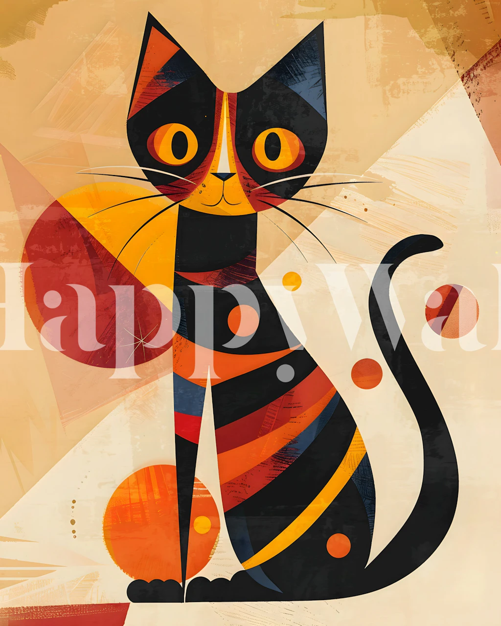 Colorful geometric cat wallpaper in a room
