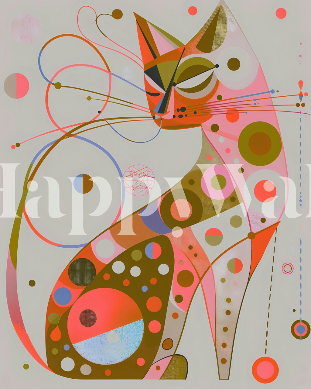 Colorful abstract cat with circular patterns in pink, brown, and orange wallpaper