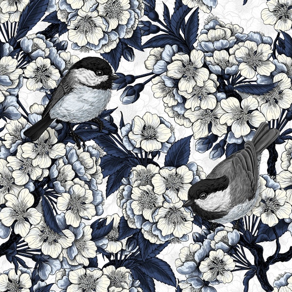 Cherry blossoms and birds, white and blue