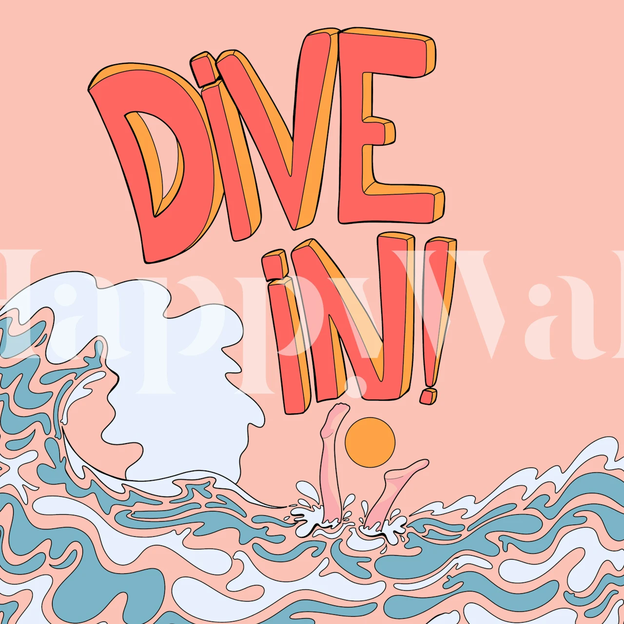 Colorful wallpaper design with waves and sun.