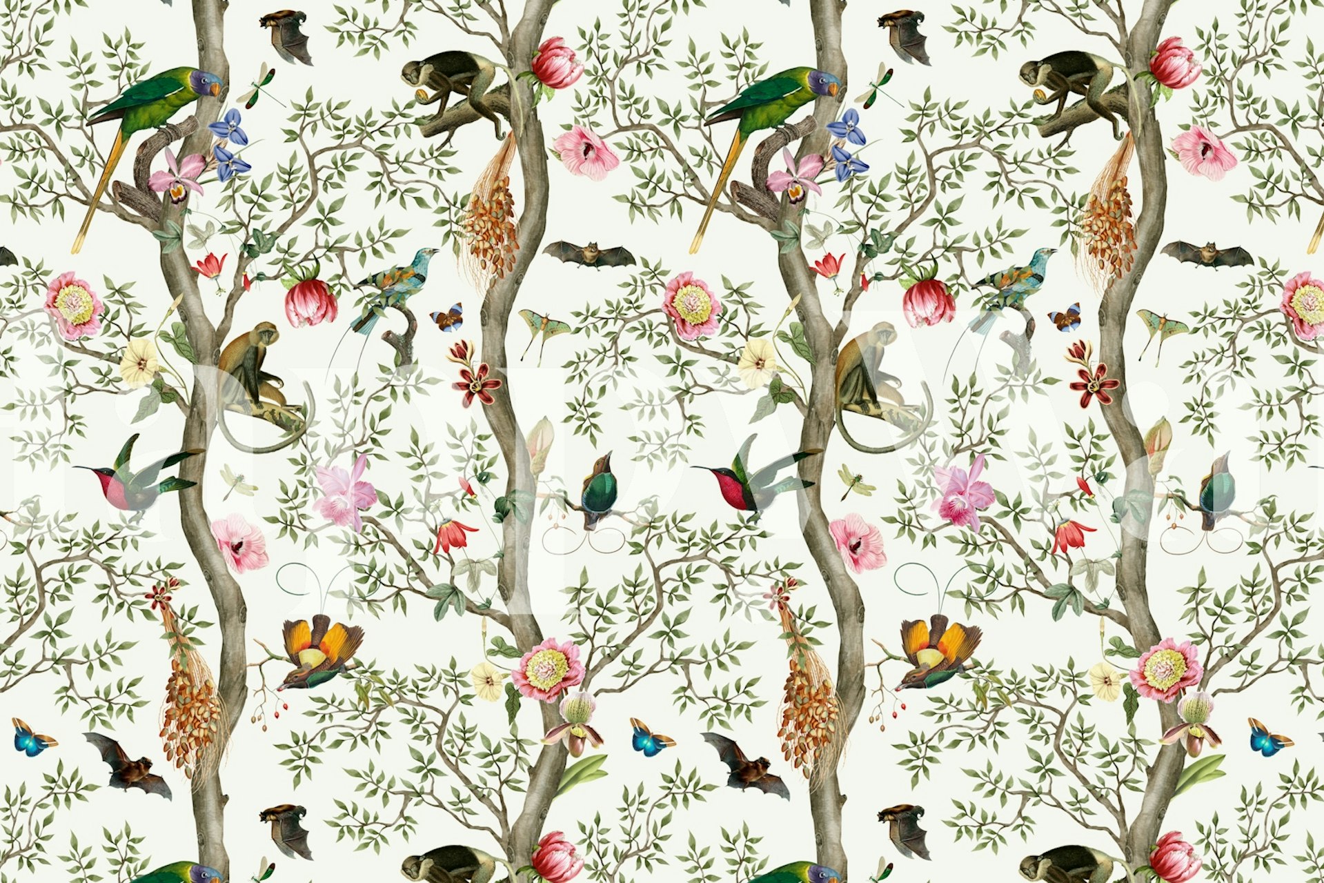 Exotic Chinoiserie tapeta s Birds i Monkeys