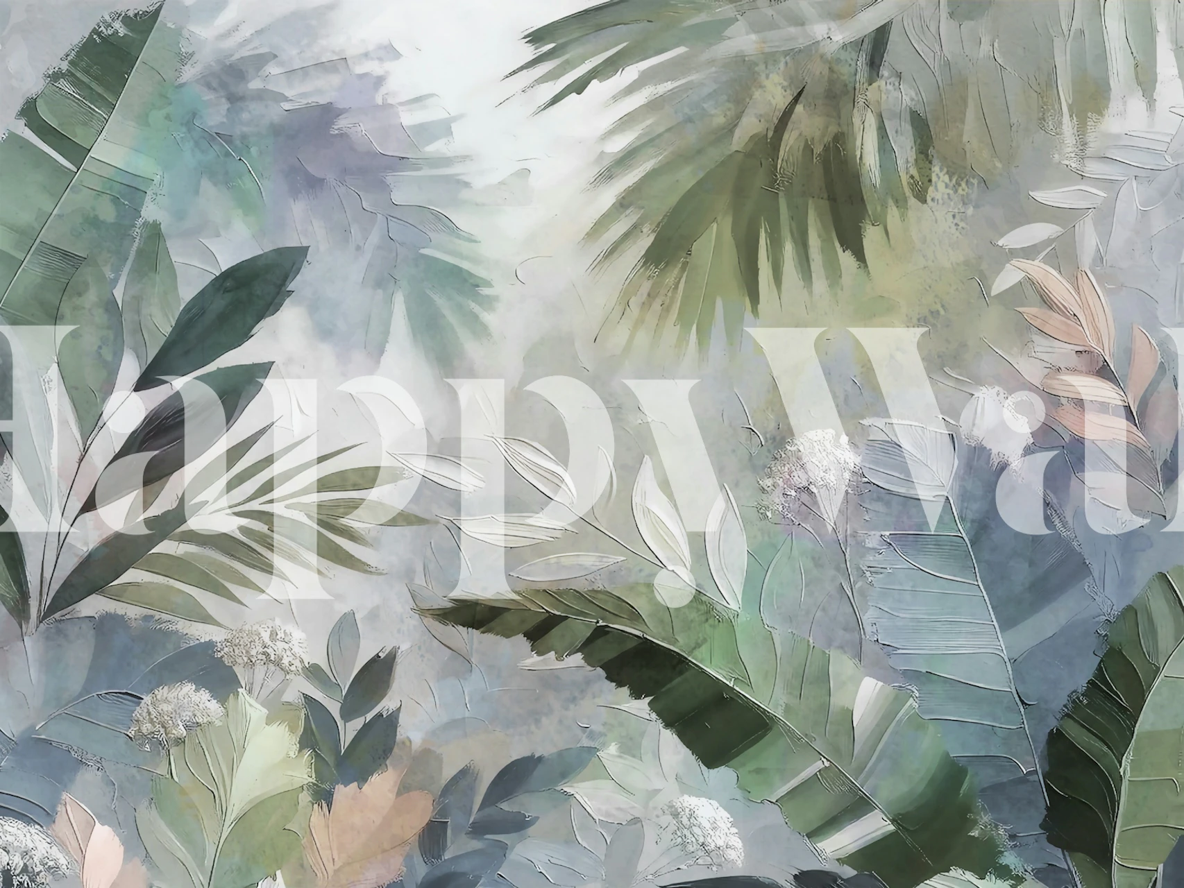 Tropical leaf pattern with green and pastel shades wallpaper