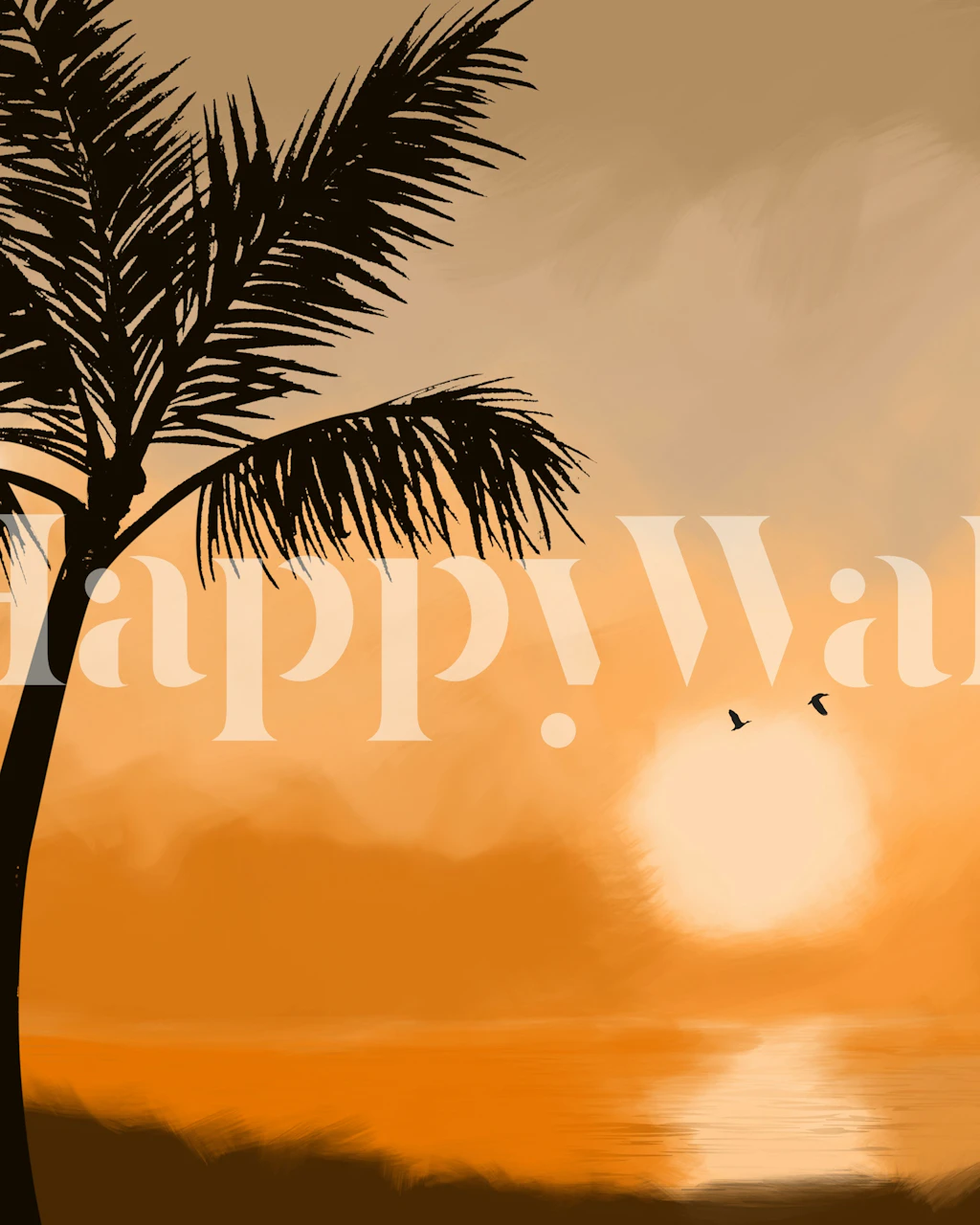 Tropical palm tree silhouette against a vibrant orange sunset wallpaper