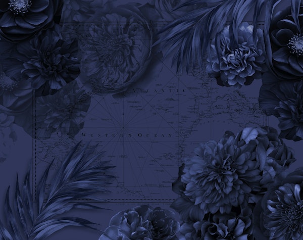 Navy Blue Moody Flowers On Vintage Map