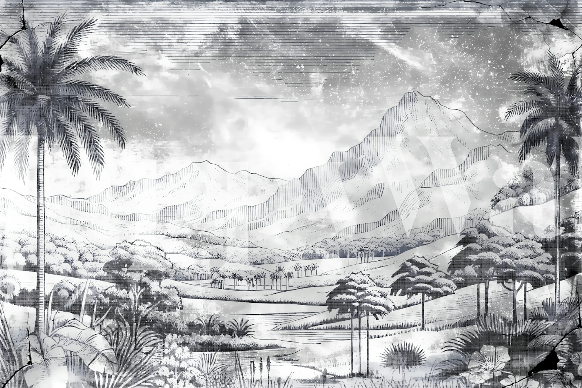 Vintage landscape wallpaper in a room