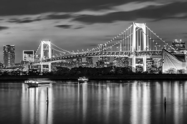Monochrome Rainbow Bridge and Tokyo Skyline