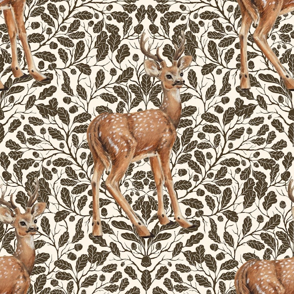 Deer on decorative oak damask pattern